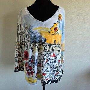 Vintage Chico's XL Art to Wear Mediterranean Vacation Tropical Top Tee Size 3